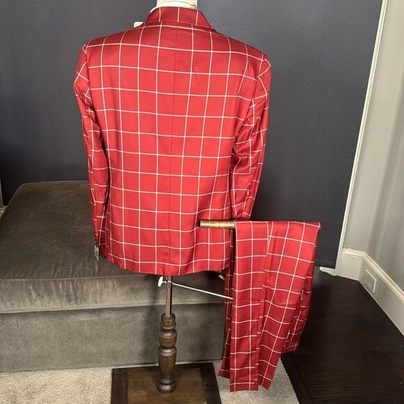 Men’s Check Plaid 3 Piece Suit Double Breasted Peak Lapel 42 Jacket 38 Pants NEW - Picture 4 of 16